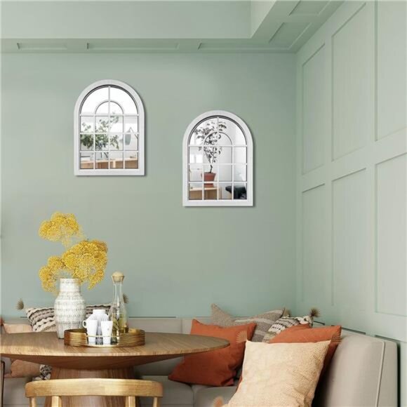 2PCS Arched Window Wall Mirror,Rustic Farmhouse Accent Mirror, Wood - Picture 5 of 8